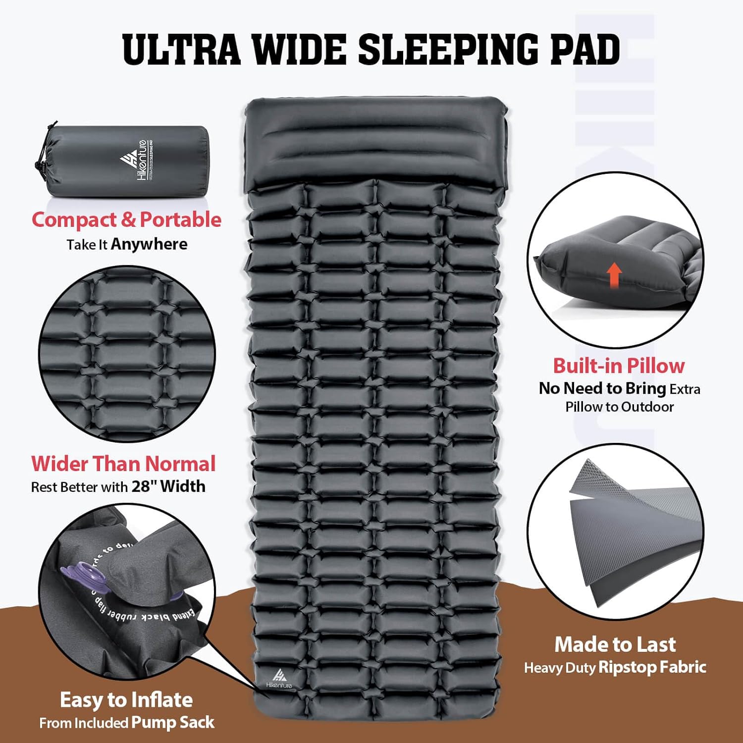 HIKENTURE Camping Mat, 28" Ultra-Wide Sleeping Mat with Pump Sack, Waterproof Inflatable Camping Mattress with Built-In Pillow, Lightweight Sleeping Pad for Camping Backpacking Hiking(Grey)-5