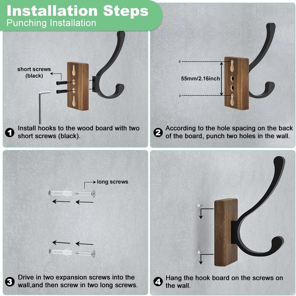 susswiff Wood Hooks for Hanging Coats - 4 Pack Coat Hooks Wall Mounted, Wooden Wall Hooks for Hanging Hats, Keys, Towels, Robe, Purse-4