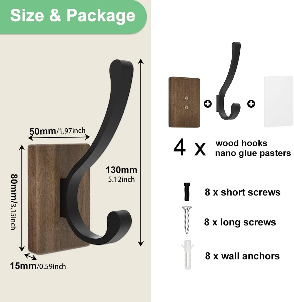 susswiff Wood Hooks for Hanging Coats - 4 Pack Coat Hooks Wall Mounted, Wooden Wall Hooks for Hanging Hats, Keys, Towels, Robe, Purse-5