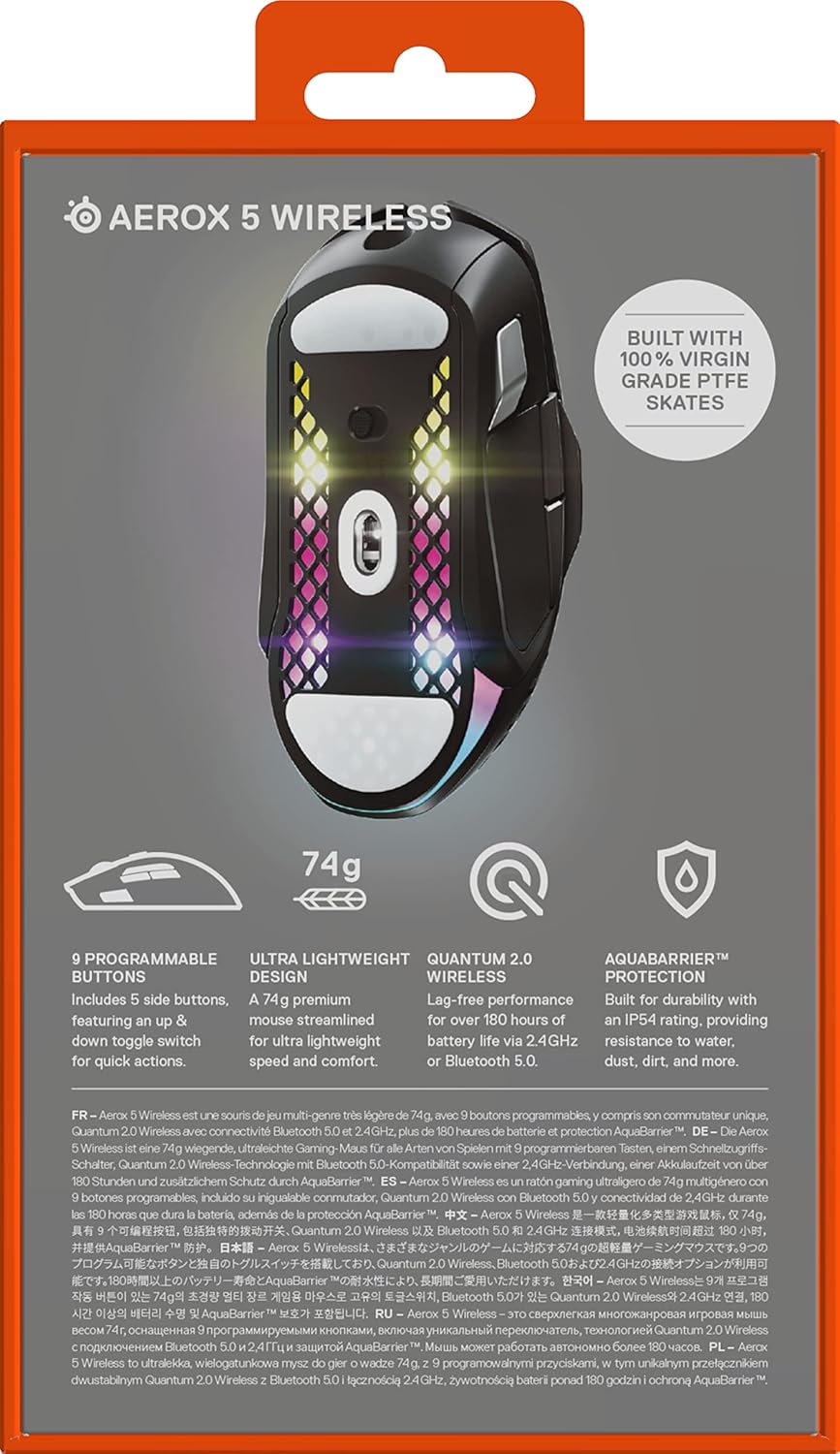 SteelSeries Aerox 5 Wireless - Holey RGB Gaming Mouse - Ultra-lightweight Water Resistant Design - 9 Buttons - Bluetooth/2.4 GHz - 18K DPI TrueMove Air Optical Sensor-15