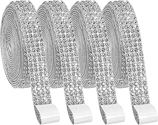 Udewo 4 Rolls Diamond Ribbon, Diamonte Strip Resin Rhinestone Ribbons Self Adhesive Diamante Trim Sparkling Bling Ribbon Rhinestone for DIY Art Crafts(Silver,0.4 Inch)