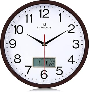 Lafocuse Silent Kitchen Wall Clock with Date and Day Temperature,Brown Wall Clocks for Living Room Modern Bedroom,LCD Display Quartz Digital Wall Clock Battery Operated for Office 12 Inch