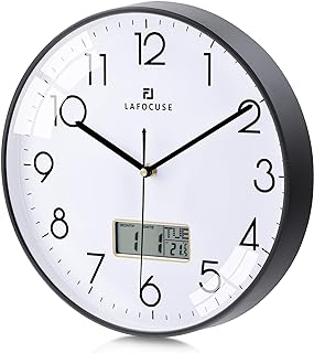 Lafocuse Silent Kitchen Wall Clock with Date and Day Temperature,Black Wall Clocks for Living Room Modern Bedroom,LCD Display Quartz Digital Wall Clock Battery Operated for Office 12 Inch