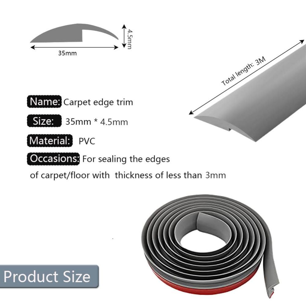 Zayejod 3 Meters Carpet Trim Strip Self Adhesive PVC Laminate Floor Door Strip Door Floor Transition Threshold Trim and Edgings Rubber Flooring Edge Strip(Grey,3mm)-1