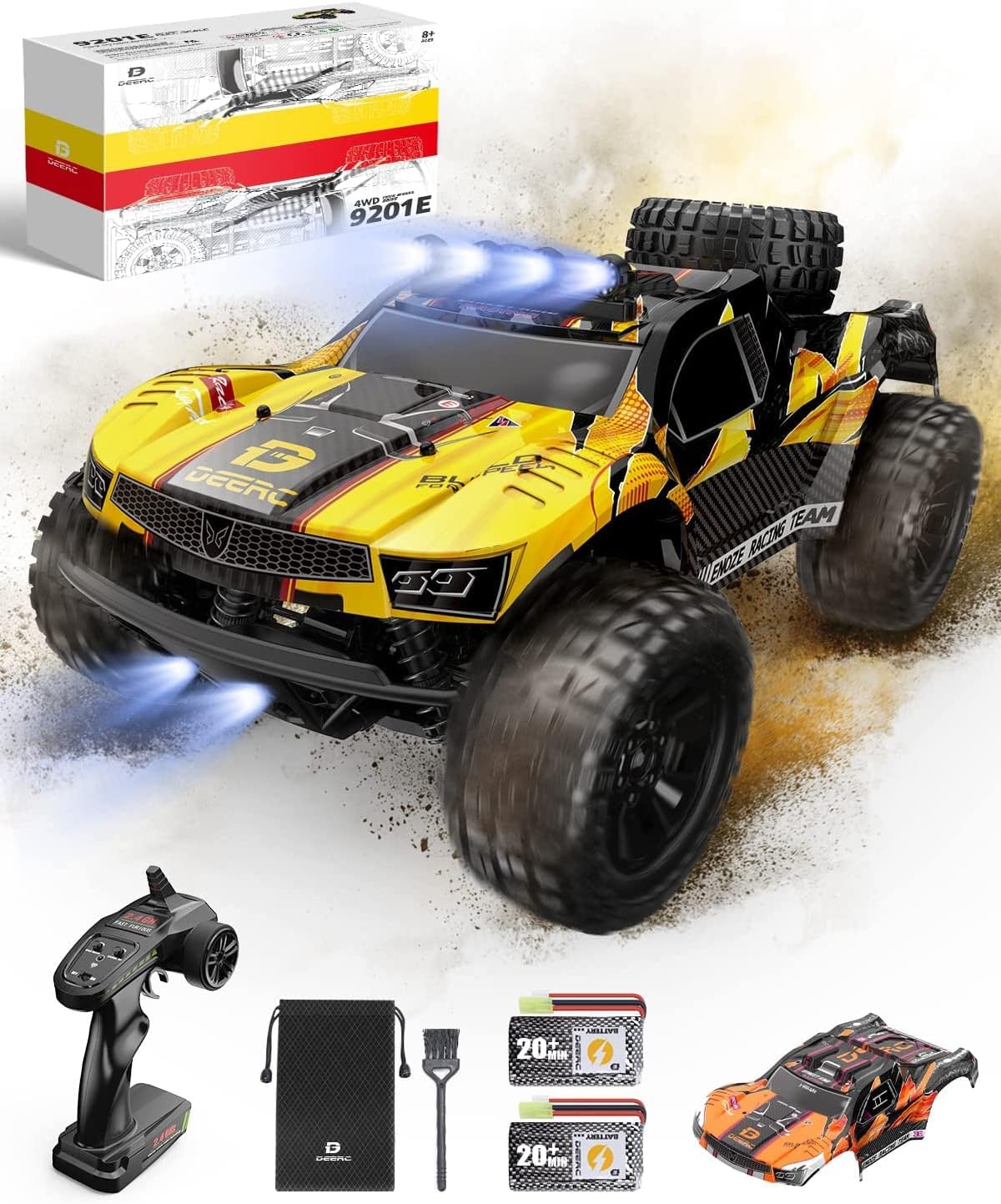 DEERC 9201E 1:10 Large Remote Control Truck with Lights, Fast Short Course RC Car, 48 km/h 4x4 Off-Road Hobby Grade Toy Monster Crawler Electric Vehicle with 2 Rechargeable Batteries for Adult Kid Boy-0