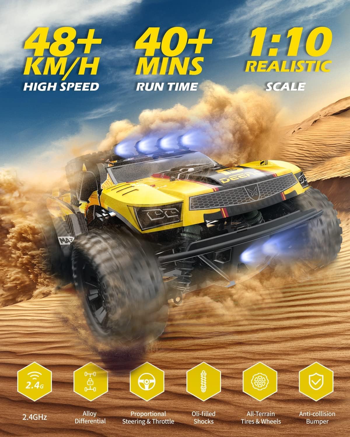 DEERC 9201E 1:10 Large Remote Control Truck with Lights, Fast Short Course RC Car, 48 km/h 4x4 Off-Road Hobby Grade Toy Monster Crawler Electric Vehicle with 2 Rechargeable Batteries for Adult Kid Boy-1