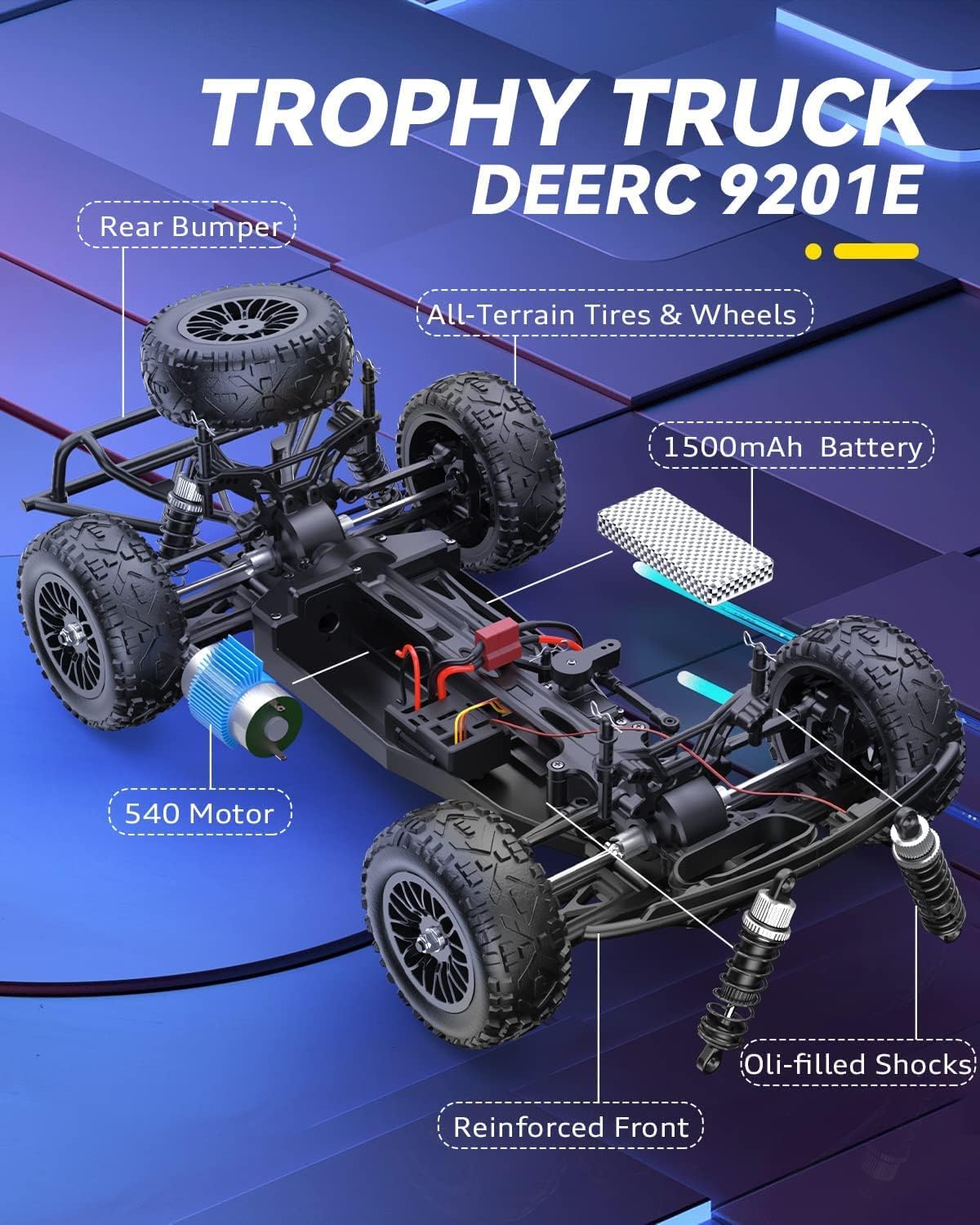 DEERC 9201E 1:10 Large Remote Control Truck with Lights, Fast Short Course RC Car, 48 km/h 4x4 Off-Road Hobby Grade Toy Monster Crawler Electric Vehicle with 2 Rechargeable Batteries for Adult Kid Boy-2