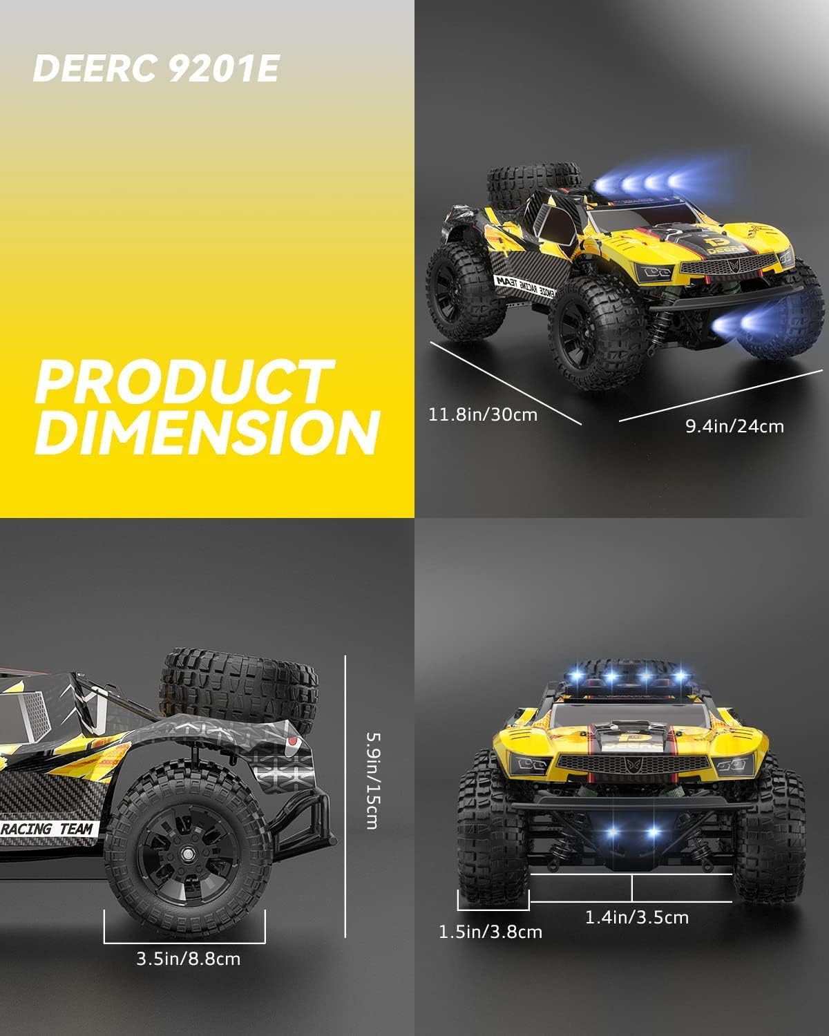 DEERC 9201E 1:10 Large Remote Control Truck with Lights, Fast Short Course RC Car, 48 km/h 4x4 Off-Road Hobby Grade Toy Monster Crawler Electric Vehicle with 2 Rechargeable Batteries for Adult Kid Boy-6