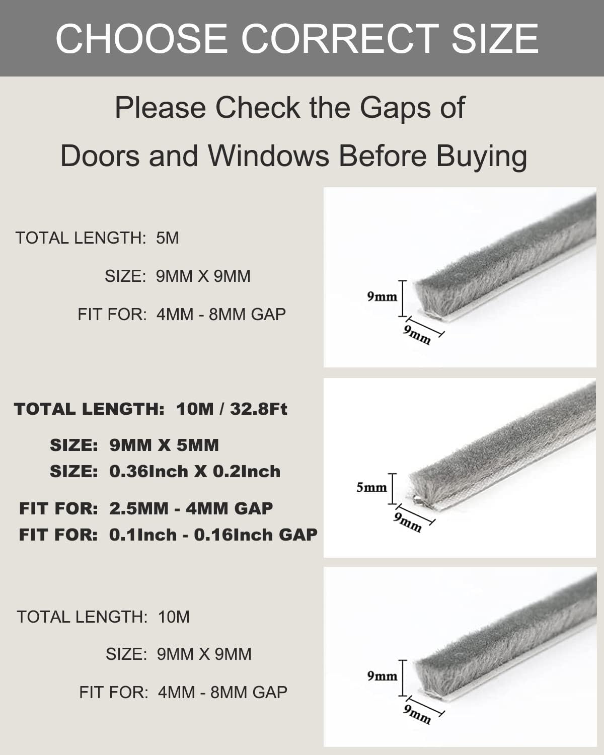 AFAXINRIE Draft Excluder, Door Draught Excluder, Window Draft Excluder, 10 Meters(L) x 9 mm(W) x 5mm(T) Self-Adhesive Brush Seal Strip Air Stopper for Sliding Doors, External Doors, Window- Grey-2