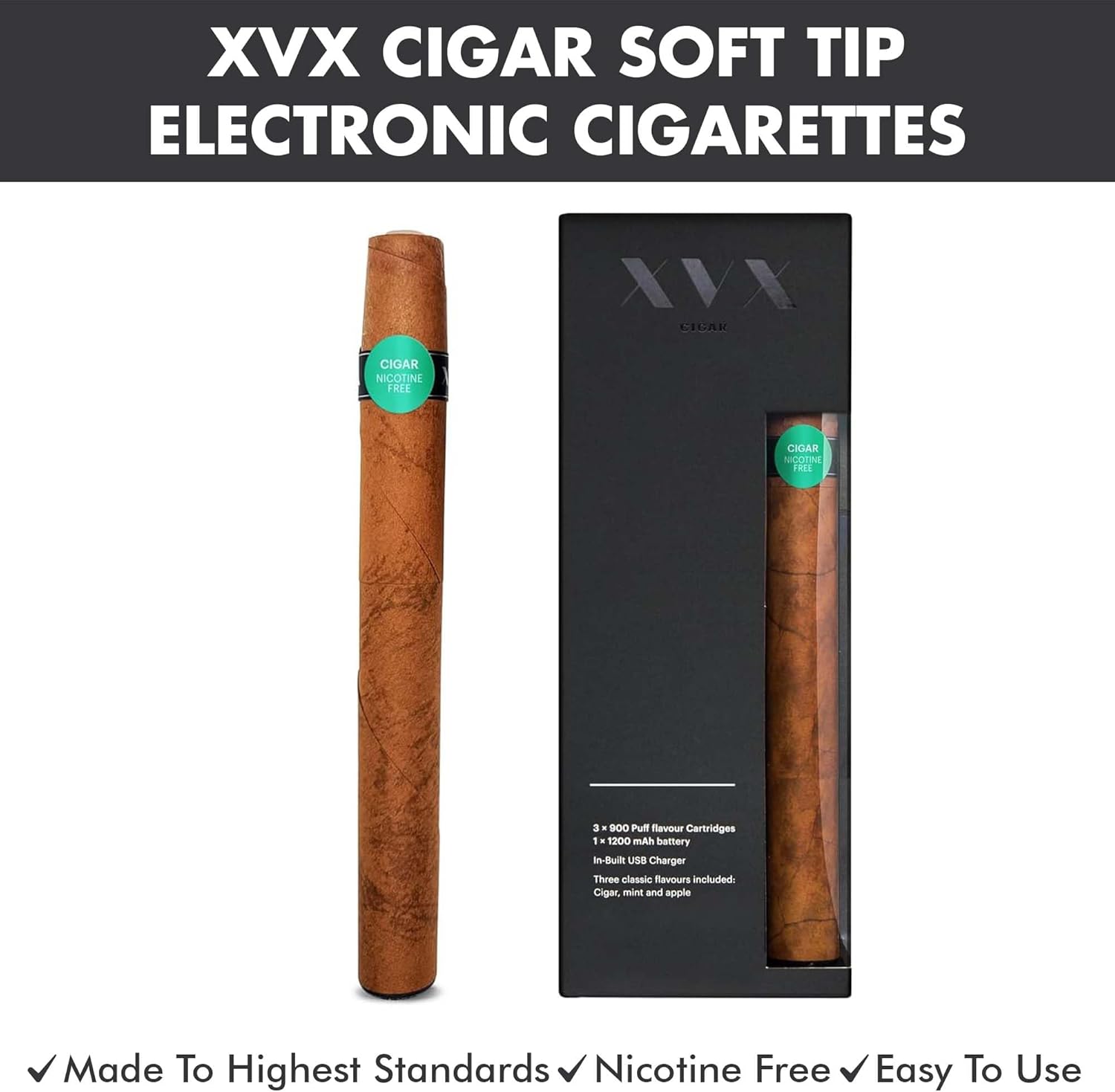 XVX CIGAR SOFT TIP STARTER KIT - Electronic Cigarettes - Rechargeable - Includes Prefilled Flavour Cartridges - Cigar - Cuban - Havana - 900 Puffs - USB Charger & Flavour Changing - Nicotine Free-2