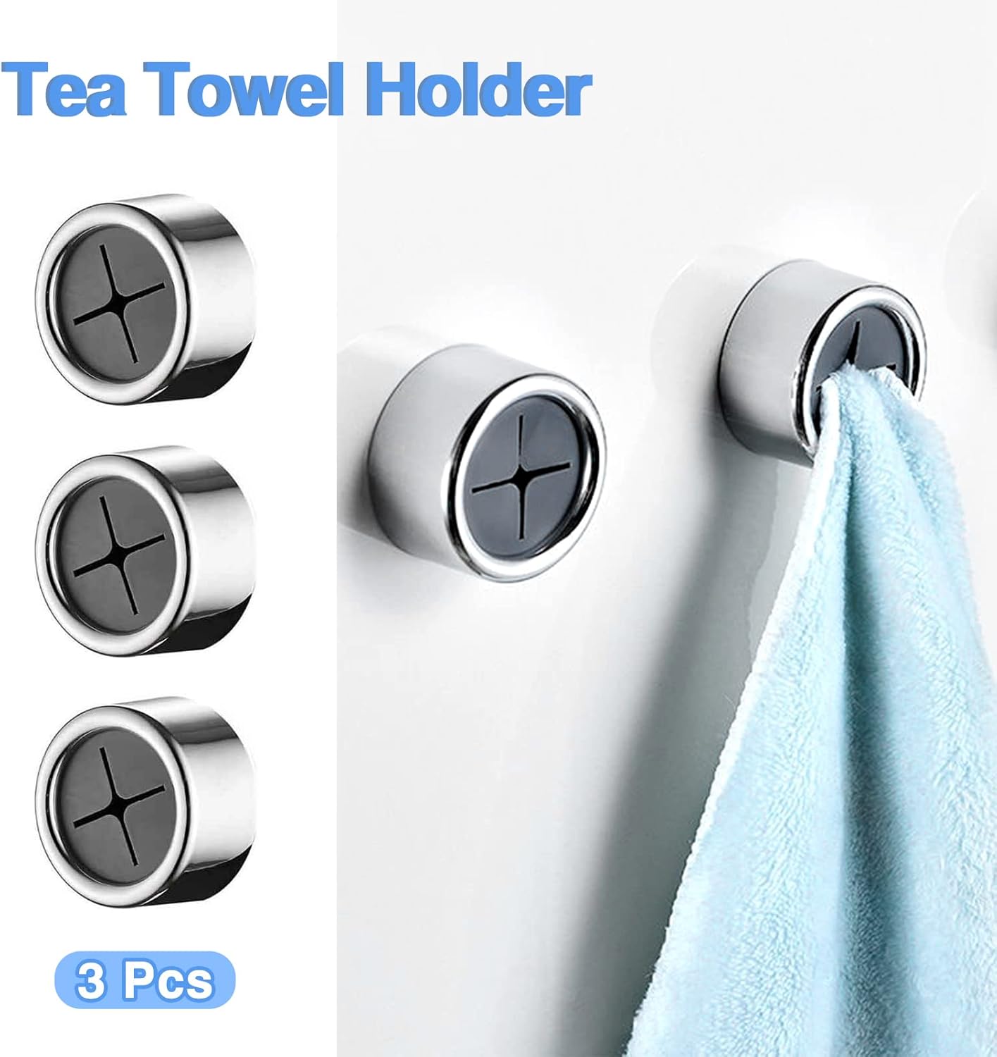 Redamancy Tea Towel Holder, 3 Pcs Towel Hooks, Round Self-Adhesive Hooks, Kitchen Hooks, Push in Suction Hand Towel Holder for Bathroom, for Bathroom Kitchen and Home, No Drilling Required-2