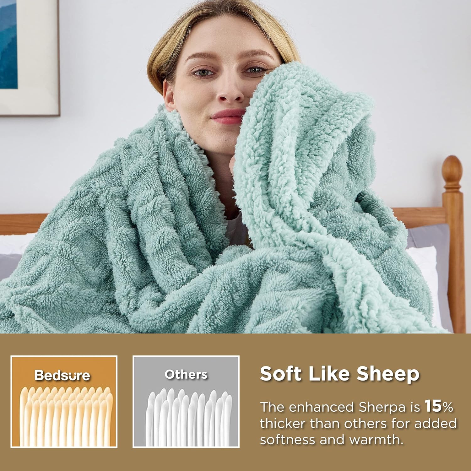 Bedsure Sherpa Fleece Throw Blanket - Fluffy Fuzzy Soft Warm Jacquard Coral Fleece Blanket for Sofa, Bed and Couch, Single, Light Green, 130x150 cm-3