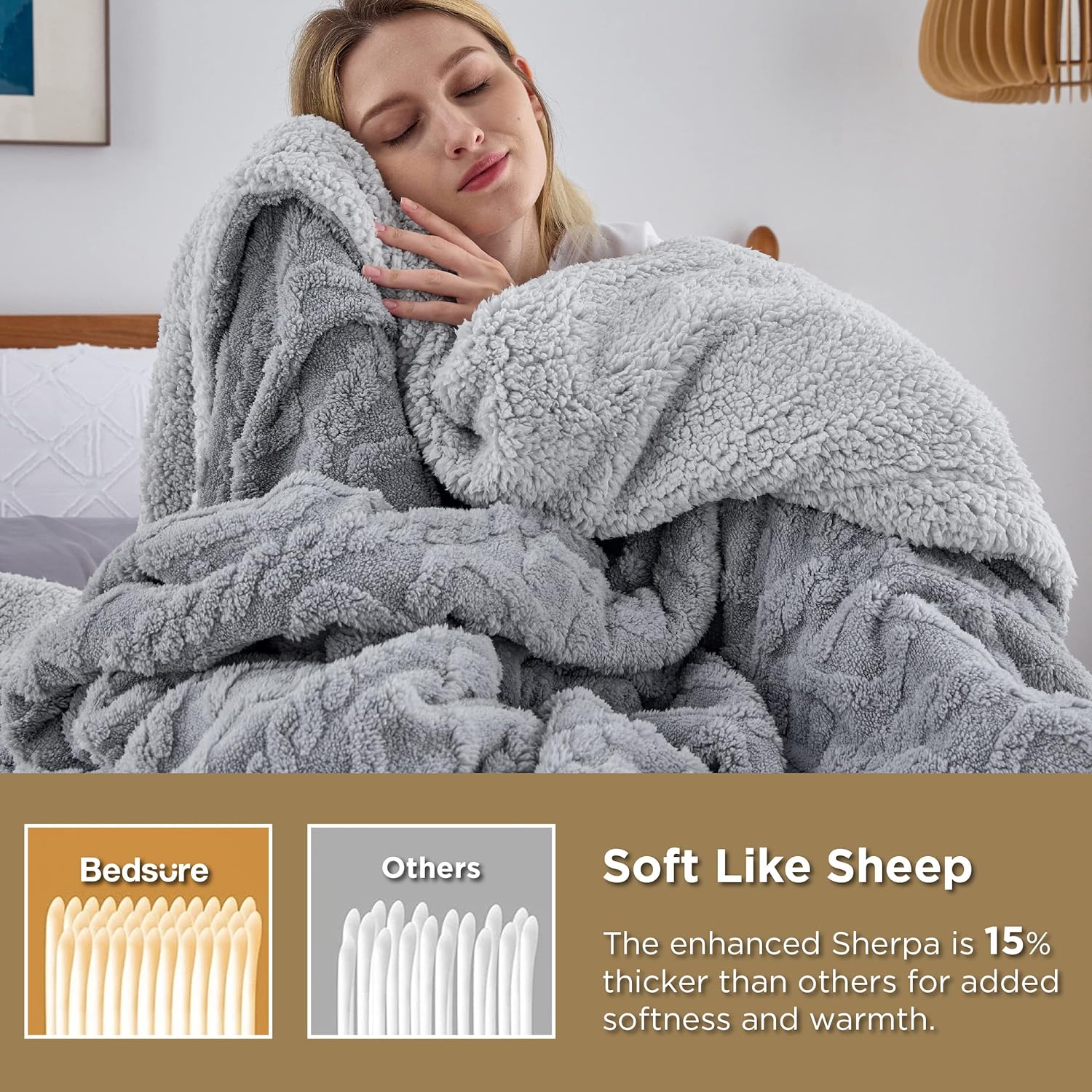 Bedsure Sherpa Fleece Throw Blanket - Fluffy Fuzzy Soft Warm Jacquard Coral Fleece Blanket for Sofa, Bed and Couch, Single, Grey, 130x150 cm-3