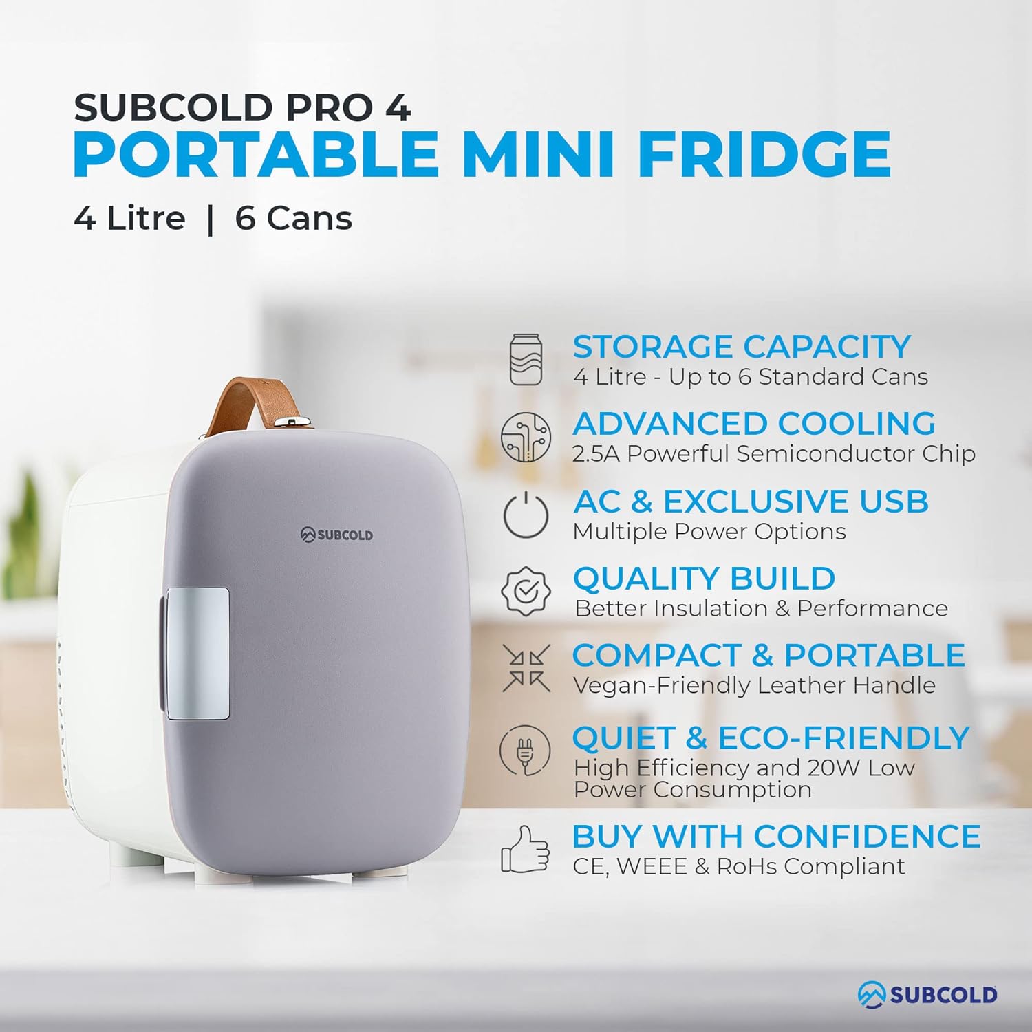 Subcold Pro4 Luxury Mini Fridge Cooler | 4 Litre / 6 Cans | AC and Exclusive USB Power Option | Portable Small Fridge for the Office, Bedroom, Car, Travel, Skincare & Cosmetics (Grey)-1