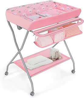 GYMAX Foldable Baby Changing Table, Rolling Infant Care Station with Storage Basket and Rack, Newborn Bath and Massage Table for 0-12 Month (Pink)