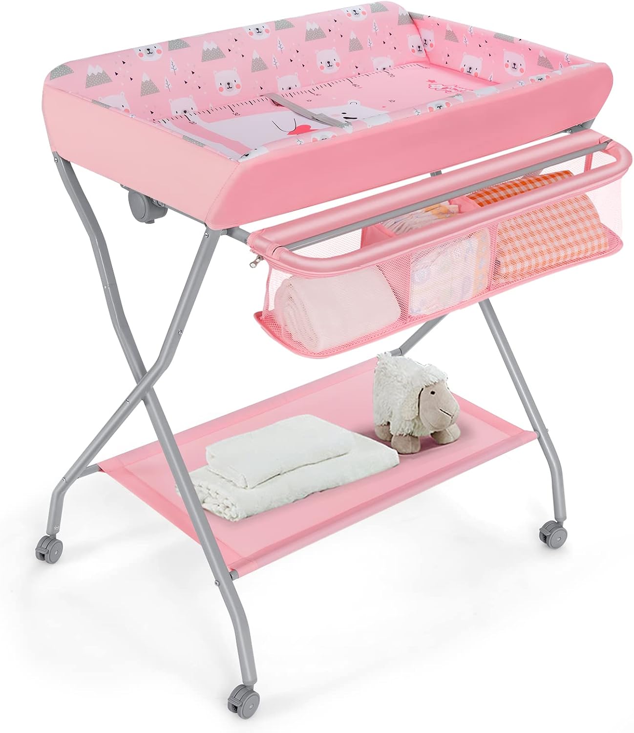 GYMAX Foldable Baby Changing Table, Rolling Infant Care Station with Storage Basket and Rack, Newborn Bath and Massage Table for 0-12 Month (Pink)-0