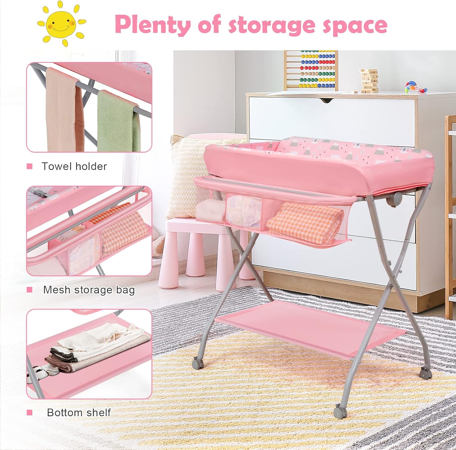 GYMAX Foldable Baby Changing Table, Rolling Infant Care Station with Storage Basket and Rack, Newborn Bath and Massage Table for 0-12 Month (Pink)-1