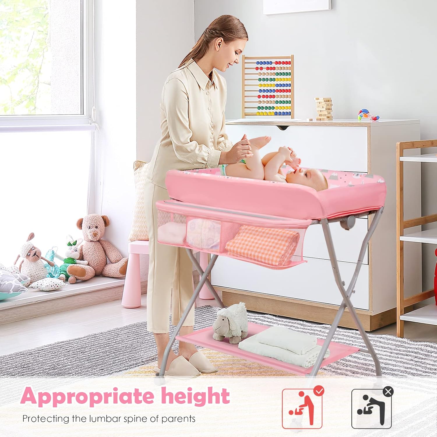 GYMAX Foldable Baby Changing Table, Rolling Infant Care Station with Storage Basket and Rack, Newborn Bath and Massage Table for 0-12 Month (Pink)-2