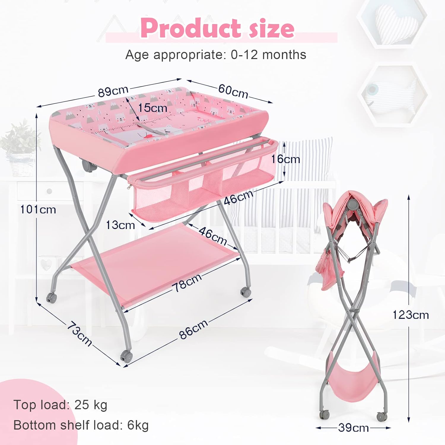 GYMAX Foldable Baby Changing Table, Rolling Infant Care Station with Storage Basket and Rack, Newborn Bath and Massage Table for 0-12 Month (Pink)-6