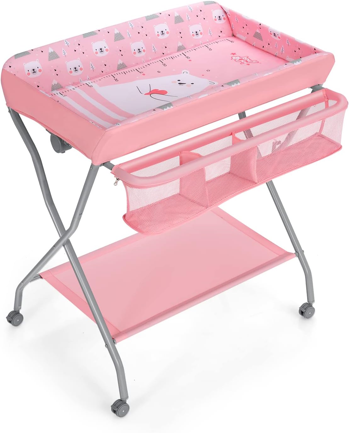 GYMAX Foldable Baby Changing Table, Rolling Infant Care Station with Storage Basket and Rack, Newborn Bath and Massage Table for 0-12 Month (Pink)-8