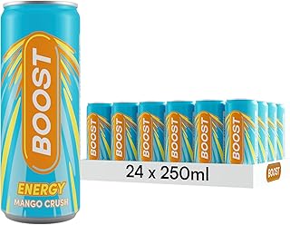 Boost Energy Drink Mango Flavour, 250ml x 24 pack, Vegan Friendly Great Tasting Energy Boost, Only 55 kcals per can, Gluten Free Taurine Carbonated Drink with Added B Vitamins and Caffeine