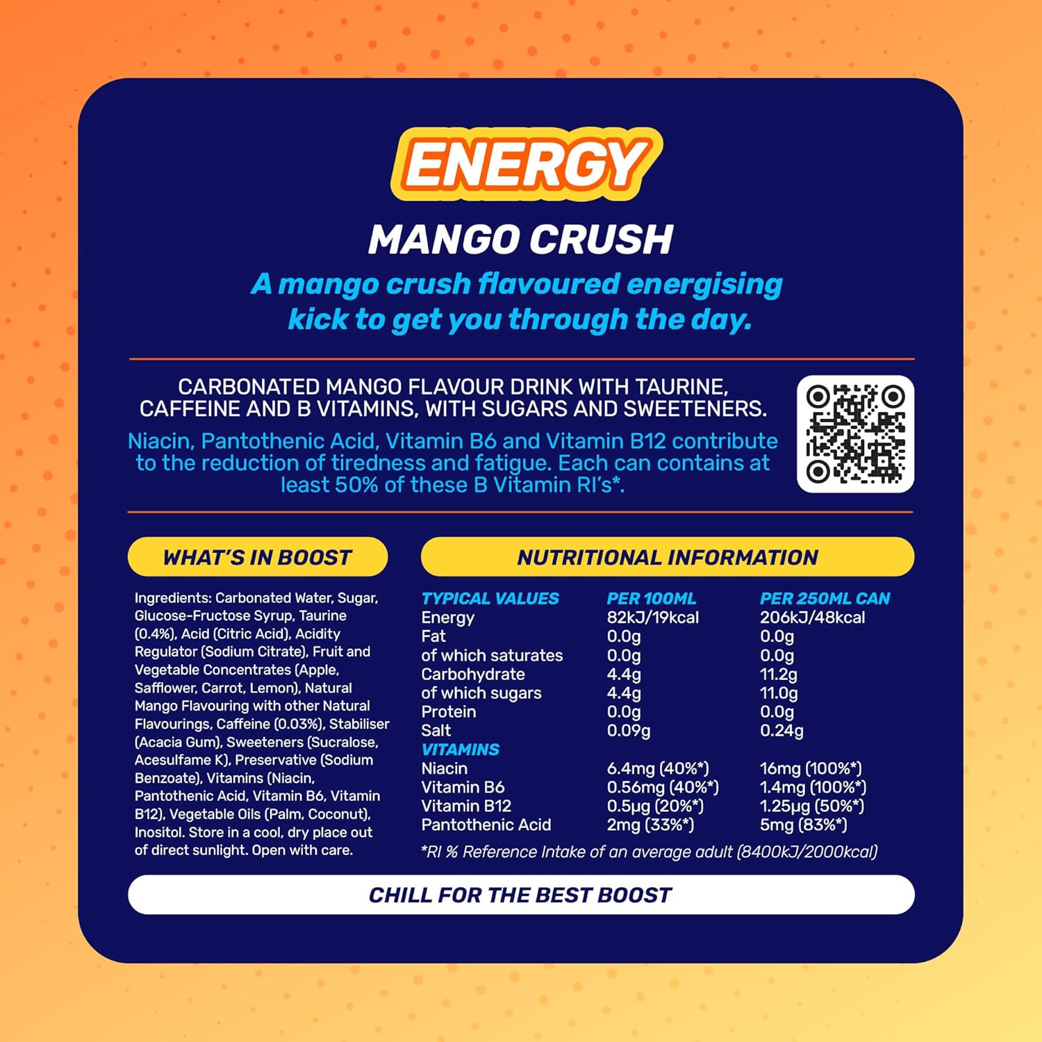 Boost Energy Drink Mango Flavour, 250ml x 24 pack, Vegan Friendly Great Tasting Energy Boost, Only 55 kcals per can, Gluten Free Taurine Carbonated Drink with Added B Vitamins and Caffeine-5