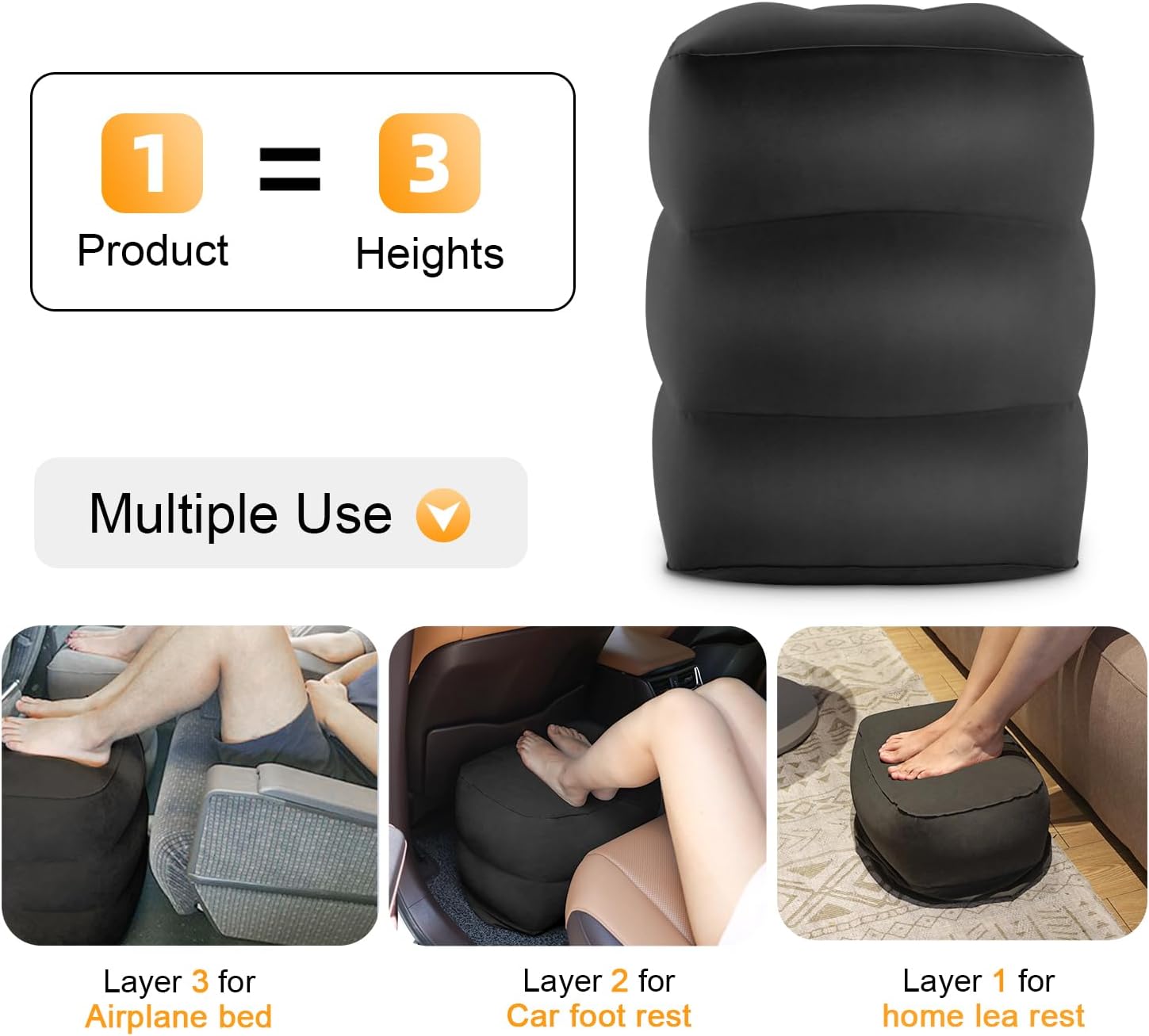 Maliton Airplane Footrest, Inflatable Foot Rest for Kids, Adjustable Height Travel Pillow On Airplanes, Cars, Travel, Office, Toddler Airplane Travel Essentials (Black, 2 Pack)-2