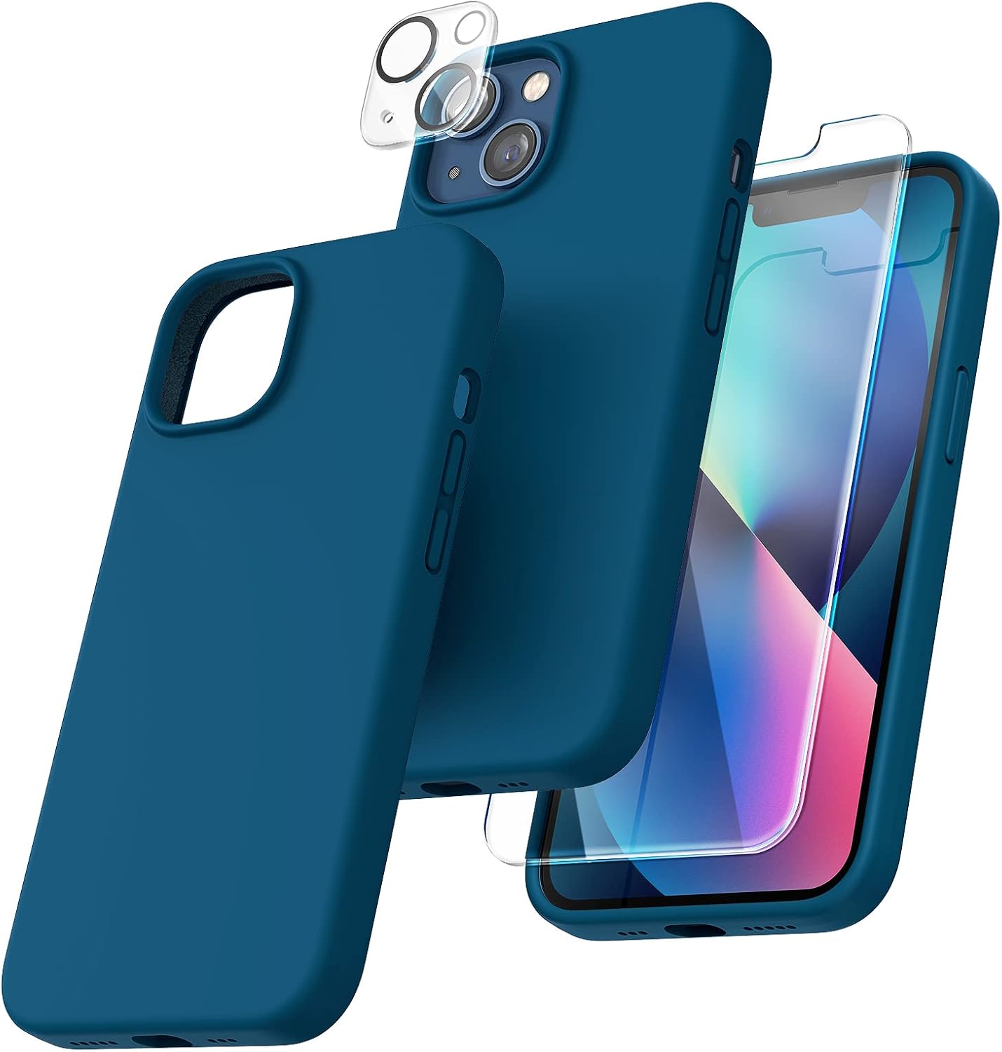 TOCOL 5 in 1 for iPhone 13 Case 6.1 Inch, with 2 Pack Tempered Screen Protector + 2 Pack Camera Lens Protector, Liquid Silicone Slim Shockproof Cover [Anti-Scratch] [Drop Protection], Midnight Blue-0