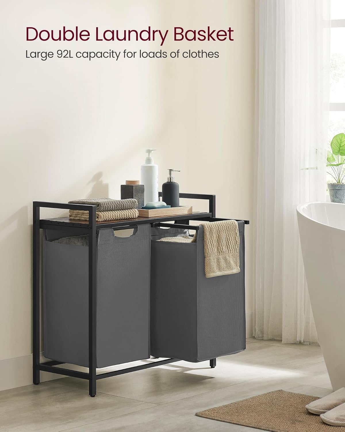 VASAGLE Laundry Basket, 2-Compartment Laundry Hamper, Pull-Out and Removable Laundry Bags, Laundry Sorter, Shelf, Metal Frame, 2 x 46L, 73 x 33 x 72 cm, Rustic Brown and Grey BLH201G01-2