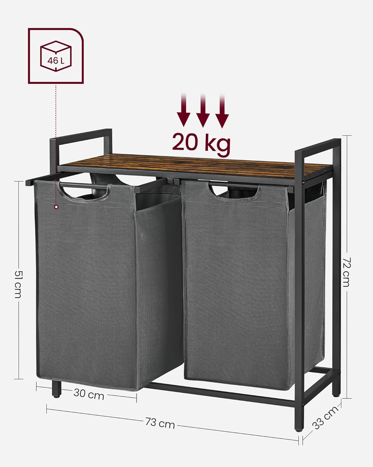 VASAGLE Laundry Basket, 2-Compartment Laundry Hamper, Pull-Out and Removable Laundry Bags, Laundry Sorter, Shelf, Metal Frame, 2 x 46L, 73 x 33 x 72 cm, Rustic Brown and Grey BLH201G01-6