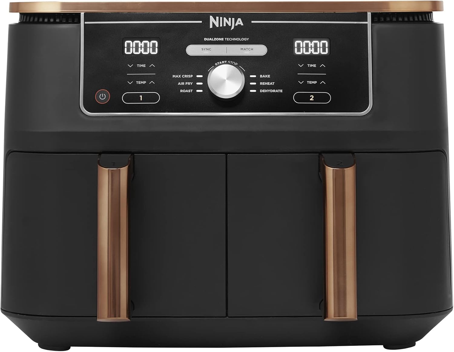 Ninja Foodi MAX Dual Zone Air Fryer, Amazon Exclusive, Tongs, 2 Drawers, 9.5L, 6-in-1, Use No Oil, Air Fry, Max Crisp, Roast, Bake, 8 Portions, Nonstick Dishwasher Safe Baskets, Copper/Black AF400UKCP-0