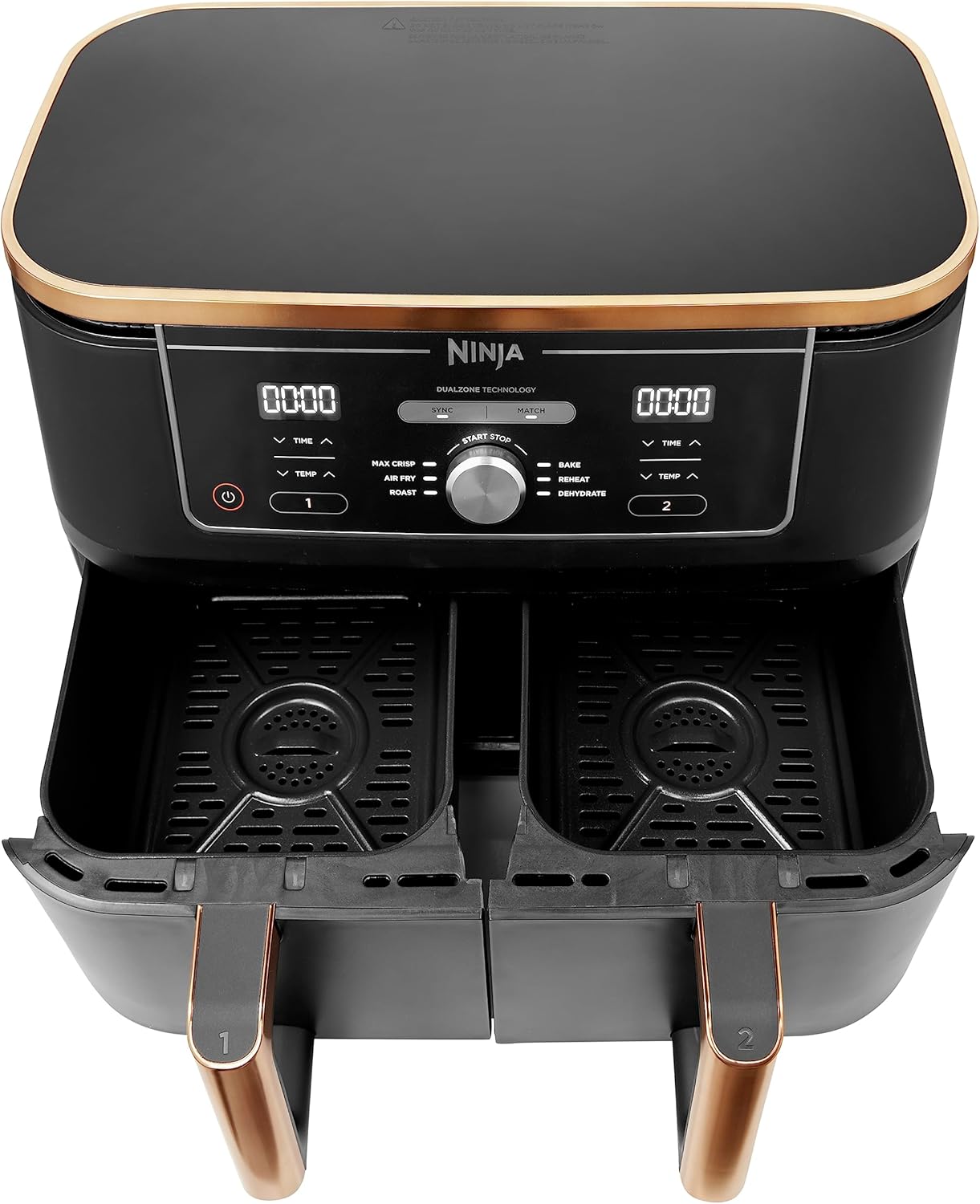 Ninja Foodi MAX Dual Zone Air Fryer, Amazon Exclusive, Tongs, 2 Drawers, 9.5L, 6-in-1, Use No Oil, Air Fry, Max Crisp, Roast, Bake, 8 Portions, Nonstick Dishwasher Safe Baskets, Copper/Black AF400UKCP-1