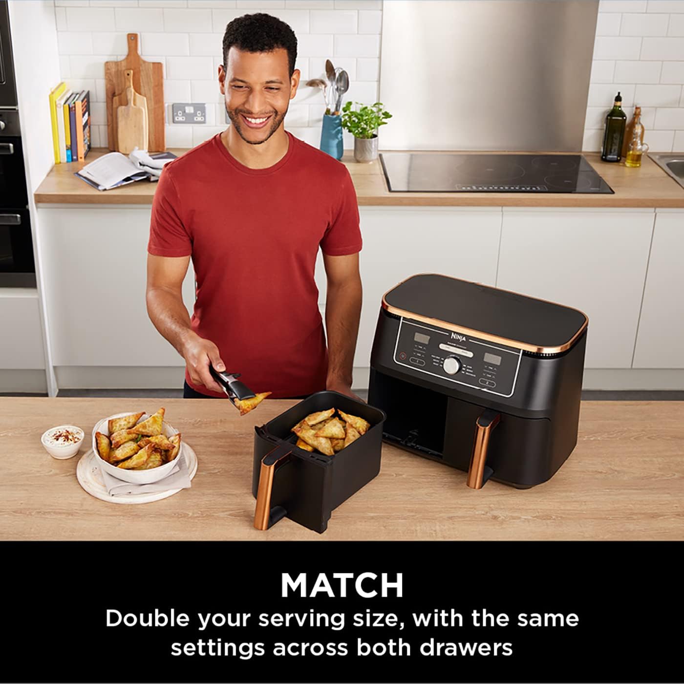 Ninja Foodi MAX Dual Zone Air Fryer, Amazon Exclusive, Tongs, 2 Drawers, 9.5L, 6-in-1, Use No Oil, Air Fry, Max Crisp, Roast, Bake, 8 Portions, Nonstick Dishwasher Safe Baskets, Copper/Black AF400UKCP-7