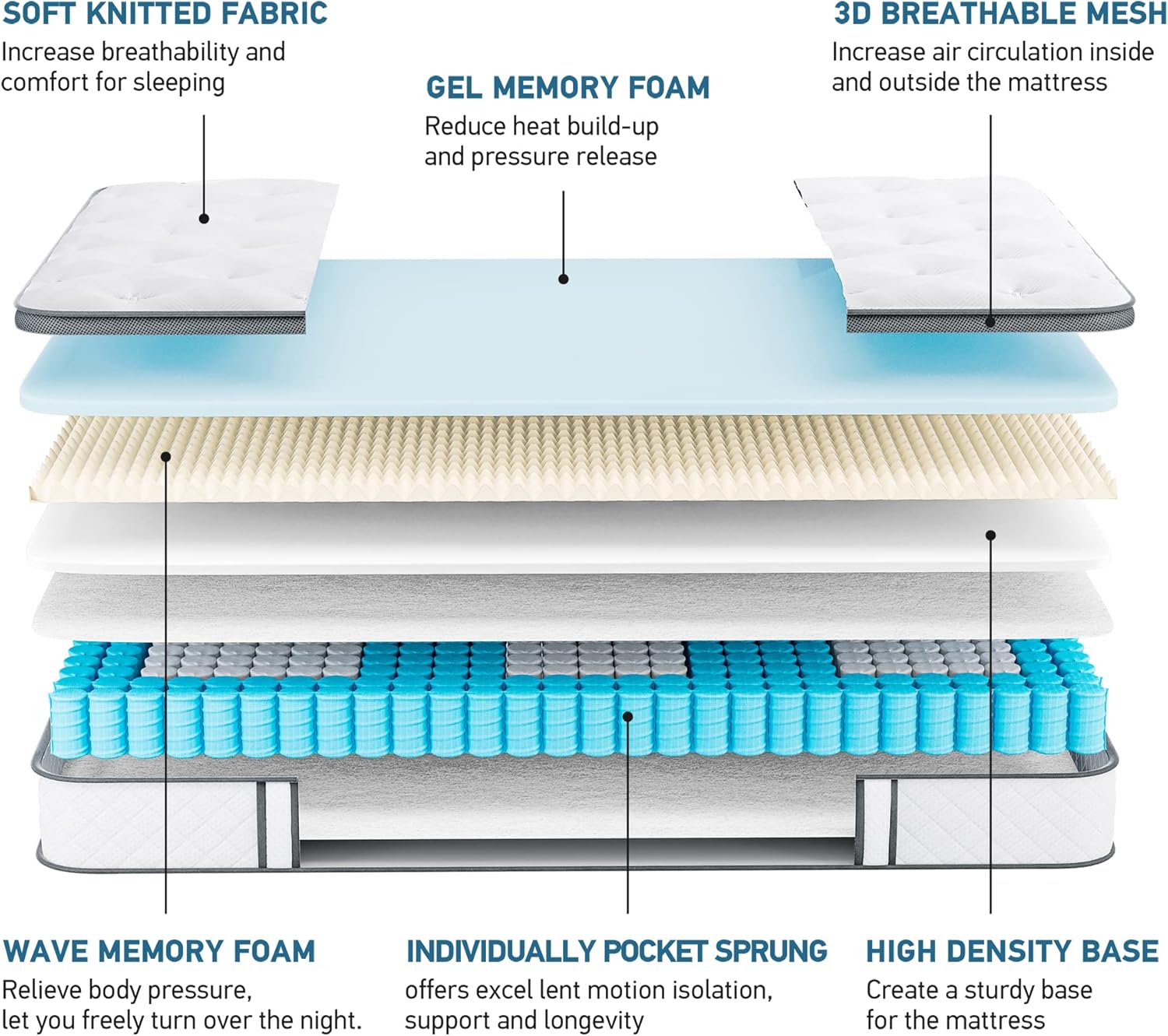 TeQsli 4FT6 Double Mattress 10 Inch Gel Memory Foam Pocket Spring Hybrid Mattress, Medium Firm Orthopedic Mattress Back Pain Relief - Edge Support & OEKO-TEX Certified Mattress 135x190x25cm-3