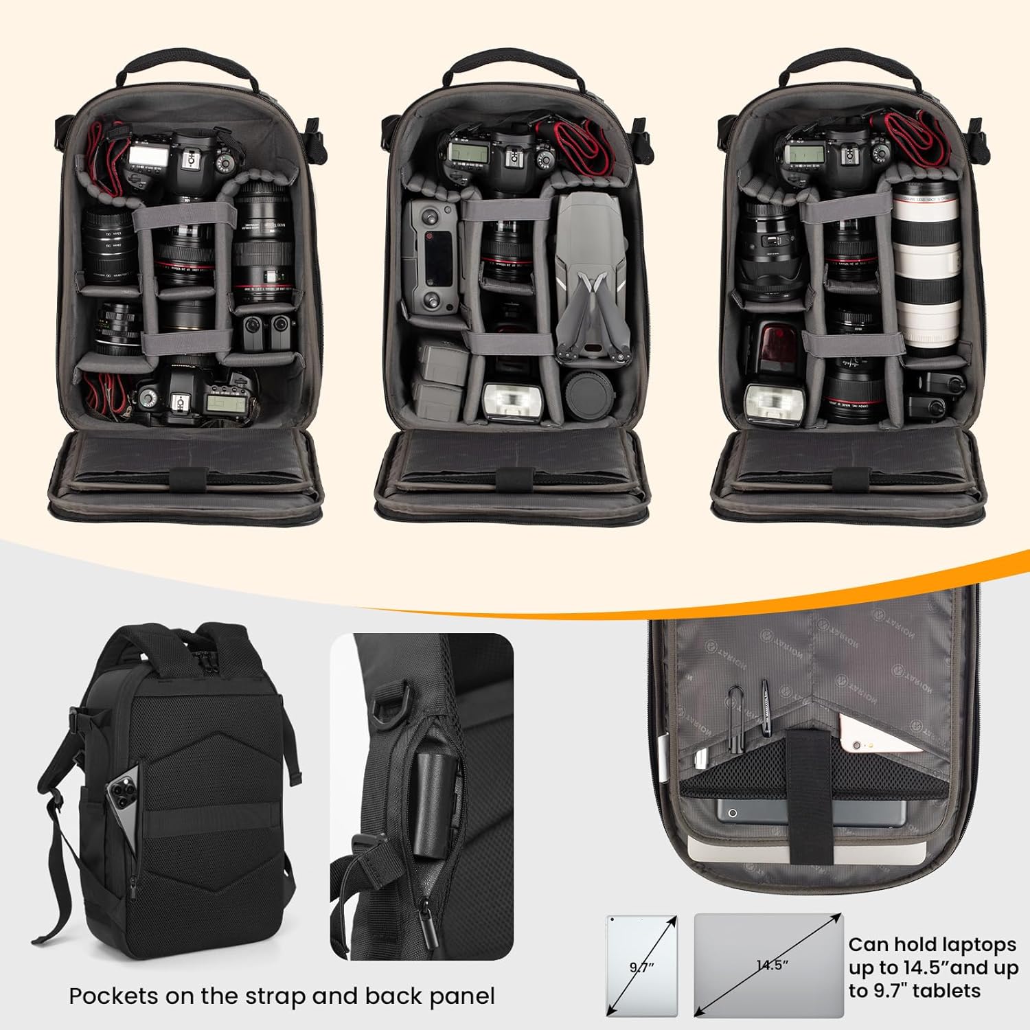 TARION Camera Backpack, Photography Backpack with Hard Shell, Camera Bag with 15'' Laptop Compartment and Rain Cover, Backpack for Drones DSLR SLR Cameras Accessories-3