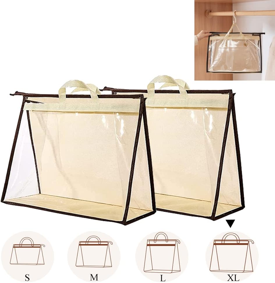 2PCS Dust Bags for Handbags Clear Purse Storage Organizer Non-Woven Hanging Bag Closet with Zipper and Handle (X-Large, Cream Color)-0