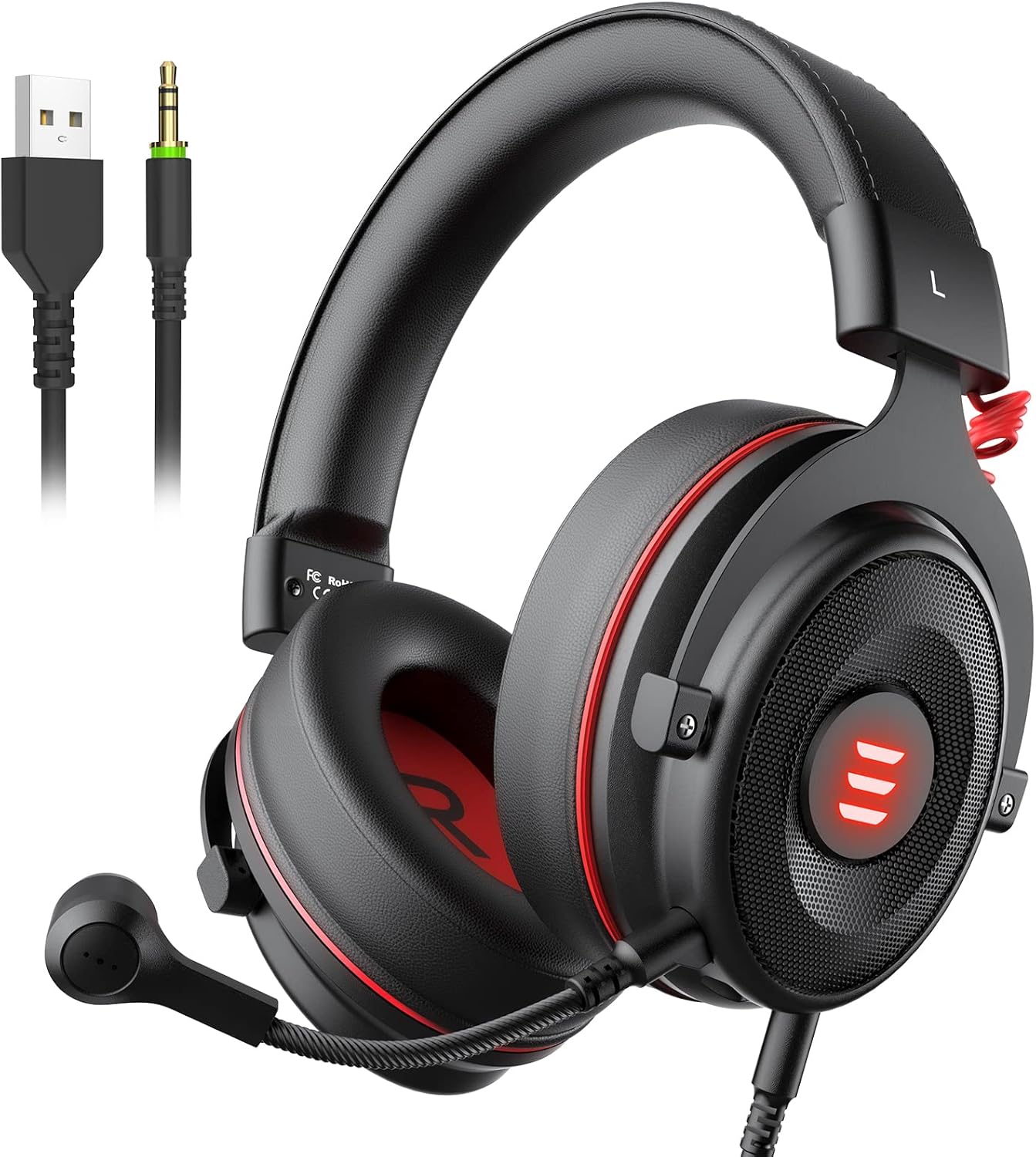 EKSA 7.1 PC Gaming Headset with Microphone, PS4 Gamer Headphones with USB & 3.5mm Cable, Detachable Noise Canceling Mic, Bass Surround Sound, LED, PS5 Gaming Headset for Xbox One, Switch, Laptop-0