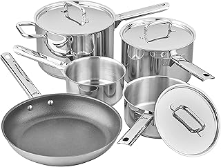 Tala Performance 5 Piece Stainless Steel Cookware Set, Saucepans with Stainless Steel lids, 16, 18cm deep and 20cm deep with Helper Handle, Milk pan, Non-Stick Fry Pan, Polished Mirror Shine Finish