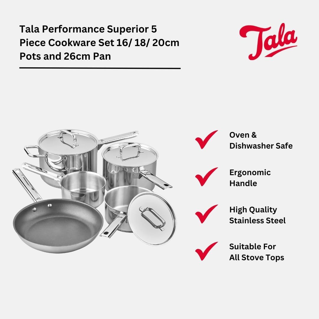 Tala Performance 5 Piece Stainless Steel Cookware Set, Saucepans with Stainless Steel lids, 16, 18cm deep and 20cm deep with Helper Handle, Milk pan, Non-Stick Fry Pan, Polished Mirror Shine Finish-1