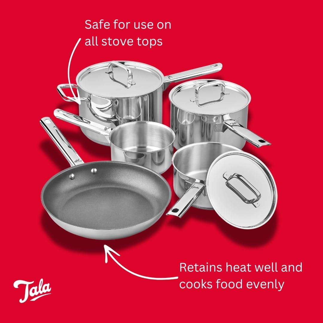 Tala Performance 5 Piece Stainless Steel Cookware Set, Saucepans with Stainless Steel lids, 16, 18cm deep and 20cm deep with Helper Handle, Milk pan, Non-Stick Fry Pan, Polished Mirror Shine Finish-2