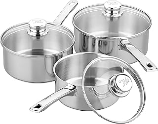 Tala Performance 3 Piece Stainless Steel Cookware Set, Saucepans with Glass lids, 16, 18 20cm. Made in Portugal, Guarantee, Suitable for All hob Types Including Induction