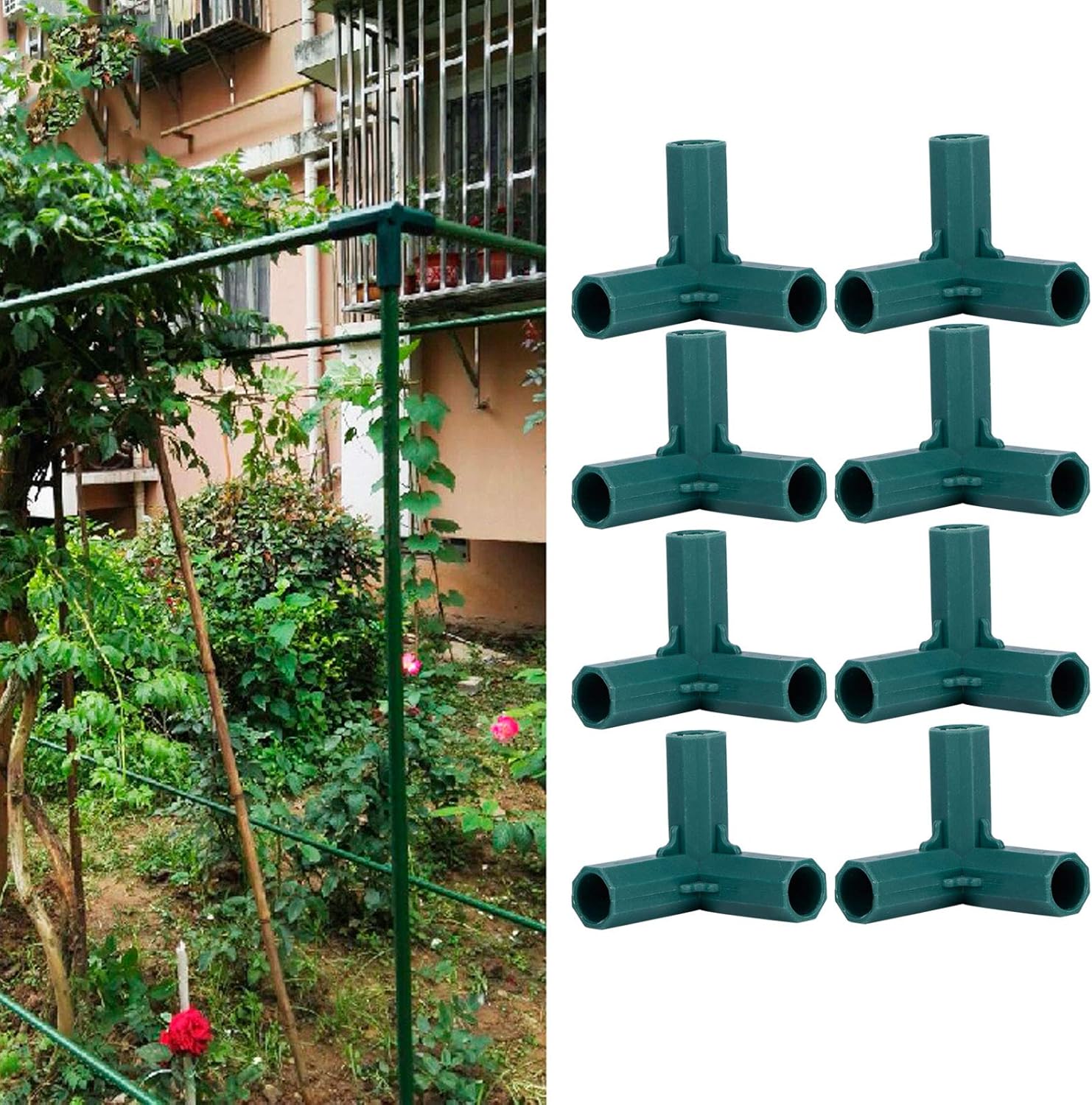 Tiiyee 3 Way Greenhouse Frame Connector, 8pcs 6cm Plant Stakes Gardening Framework Stakesframe Plastic Corner Connectors Fencing Cane Rods for Garden Greenhouse Netting Supports Cages Fruit Frames-1