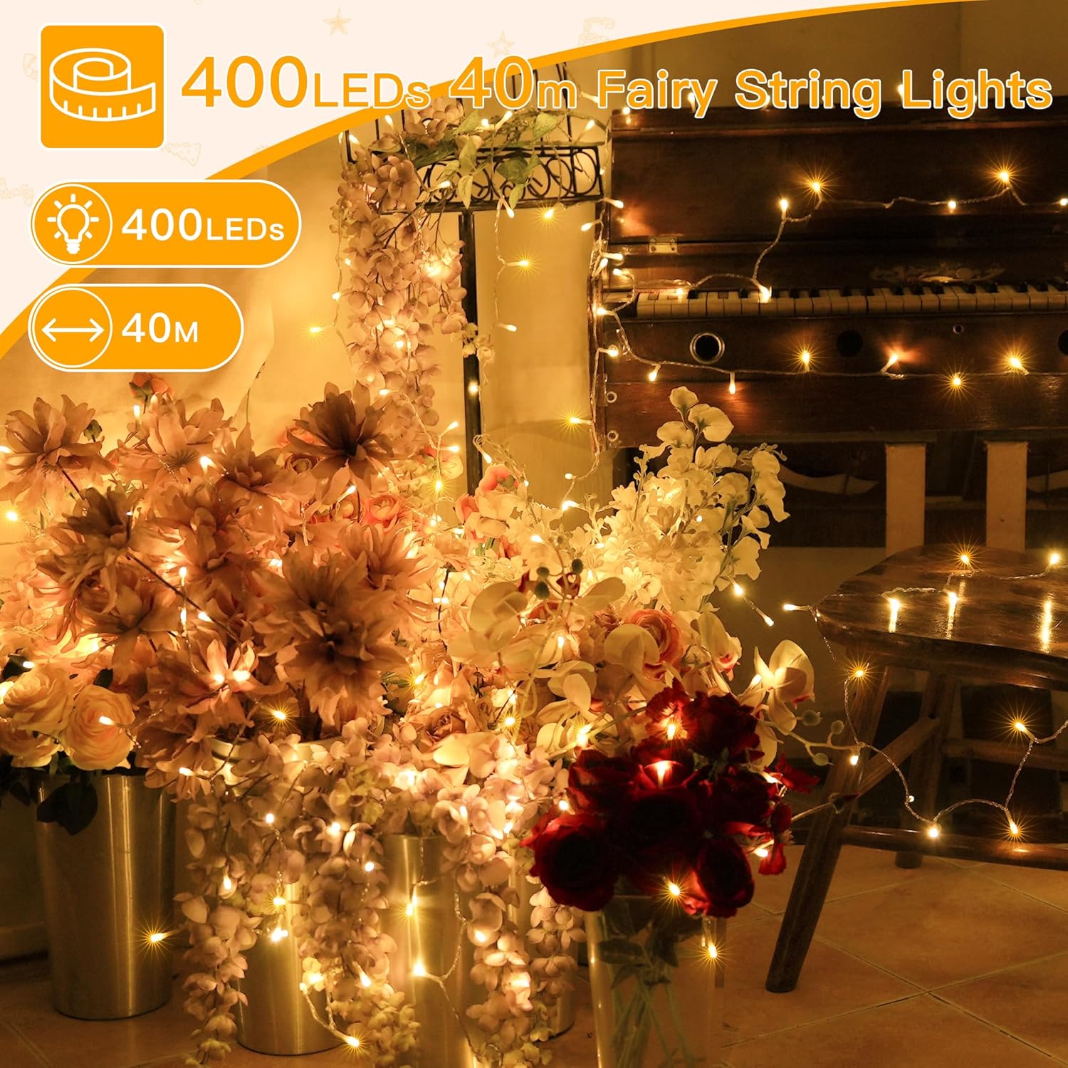 Ollny Fairy Lights for Indoor Outdoor - 40M 400 LEDs String Lights Mains Powered with Timer/Remote, Waterproof Outside Garden Lights for Bedroom/Party/Wedding/Tree/Home/Pation(Warm White)-1