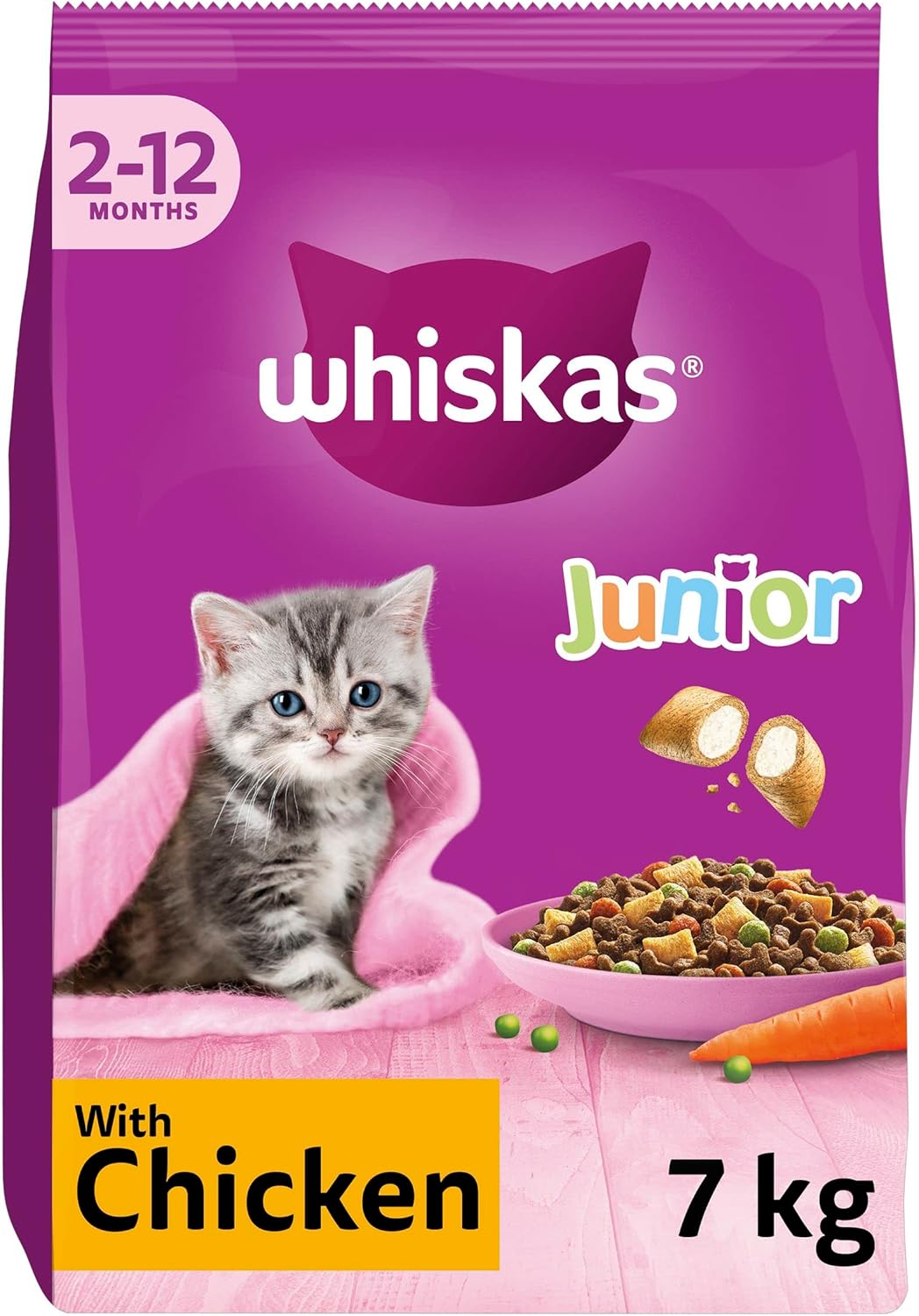 Whiskas Junior Chicken 7 kg Bag, Kitten Cat Dry Food - Pack May Vary-0