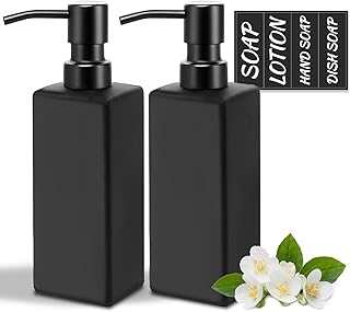 MIUSITE Black Soap Dispensers, Stylish 350ml Hand Soap Dispenser for Kitchen/Bathroom, Square Glass Soap Dispenser, Refillable Dish Soap Dispenser with Stainless Pump and Stickers - 2 Pack