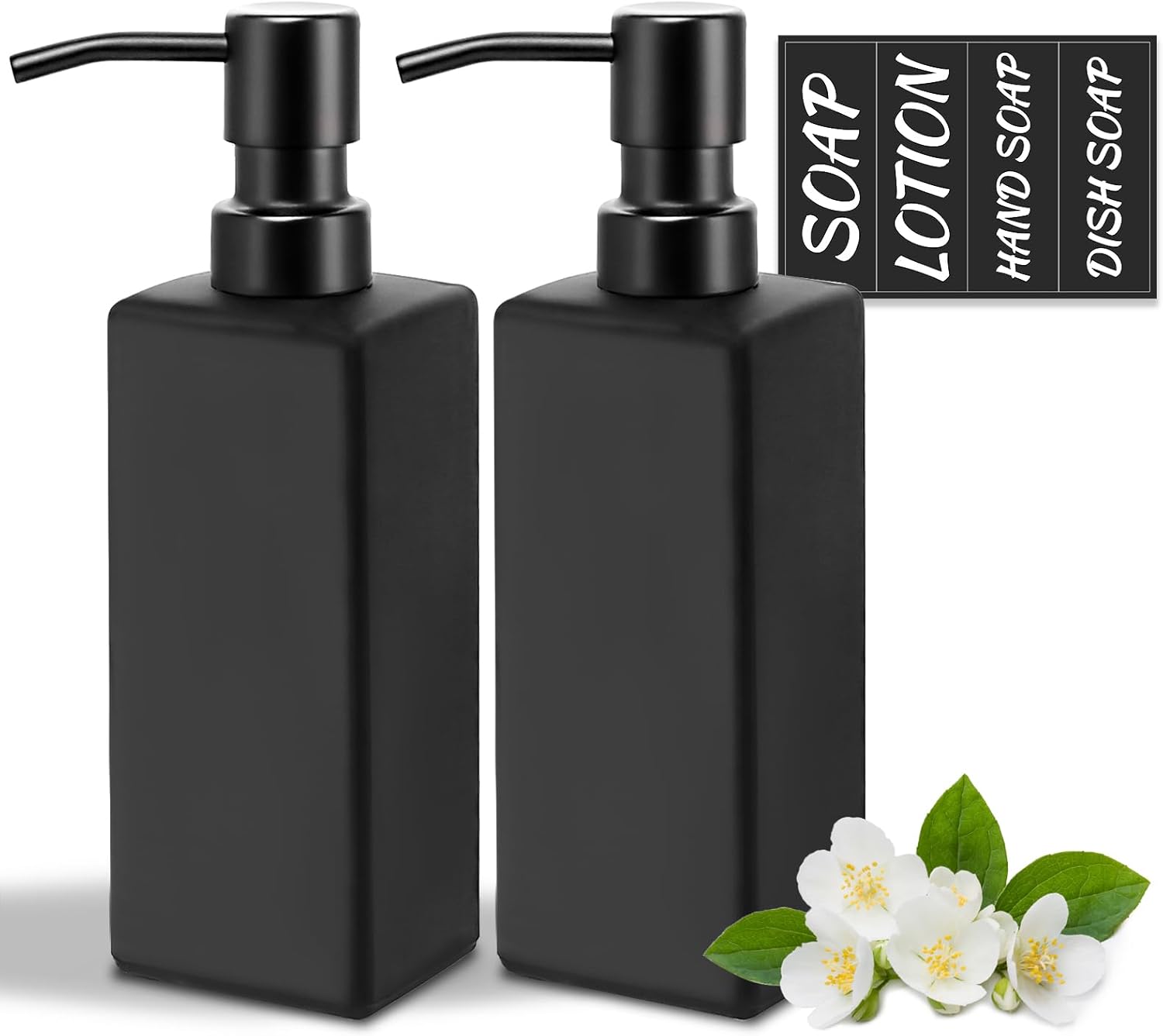 MIUSITE Black Soap Dispensers, Stylish 350ml Hand Soap Dispenser for Kitchen/Bathroom, Square Glass Soap Dispenser, Refillable Dish Soap Dispenser with Stainless Pump and Stickers - 2 Pack-0