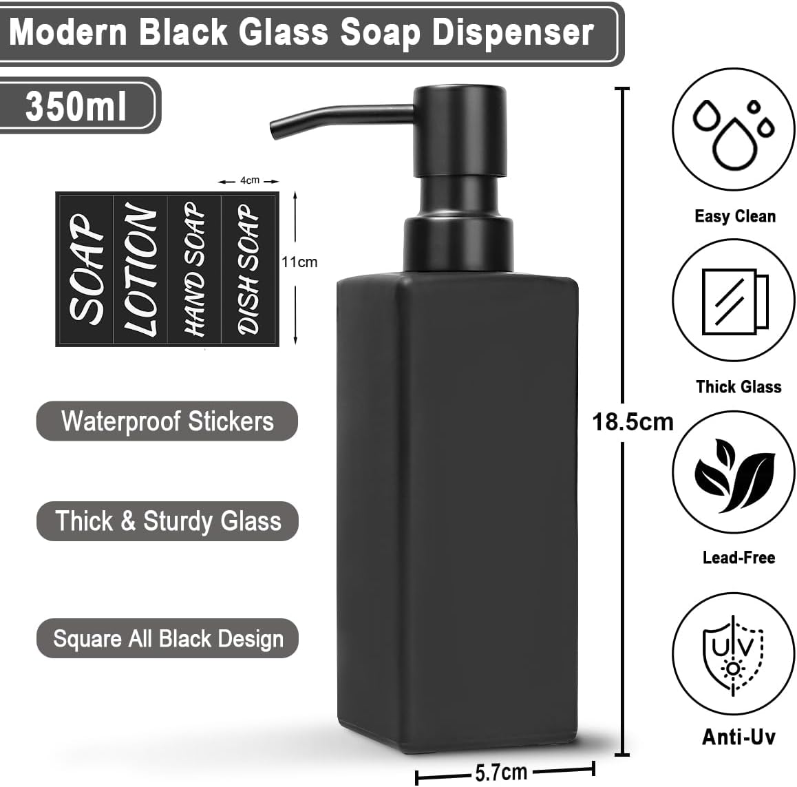 MIUSITE Black Soap Dispensers, Stylish 350ml Hand Soap Dispenser for Kitchen/Bathroom, Square Glass Soap Dispenser, Refillable Dish Soap Dispenser with Stainless Pump and Stickers - 2 Pack-1