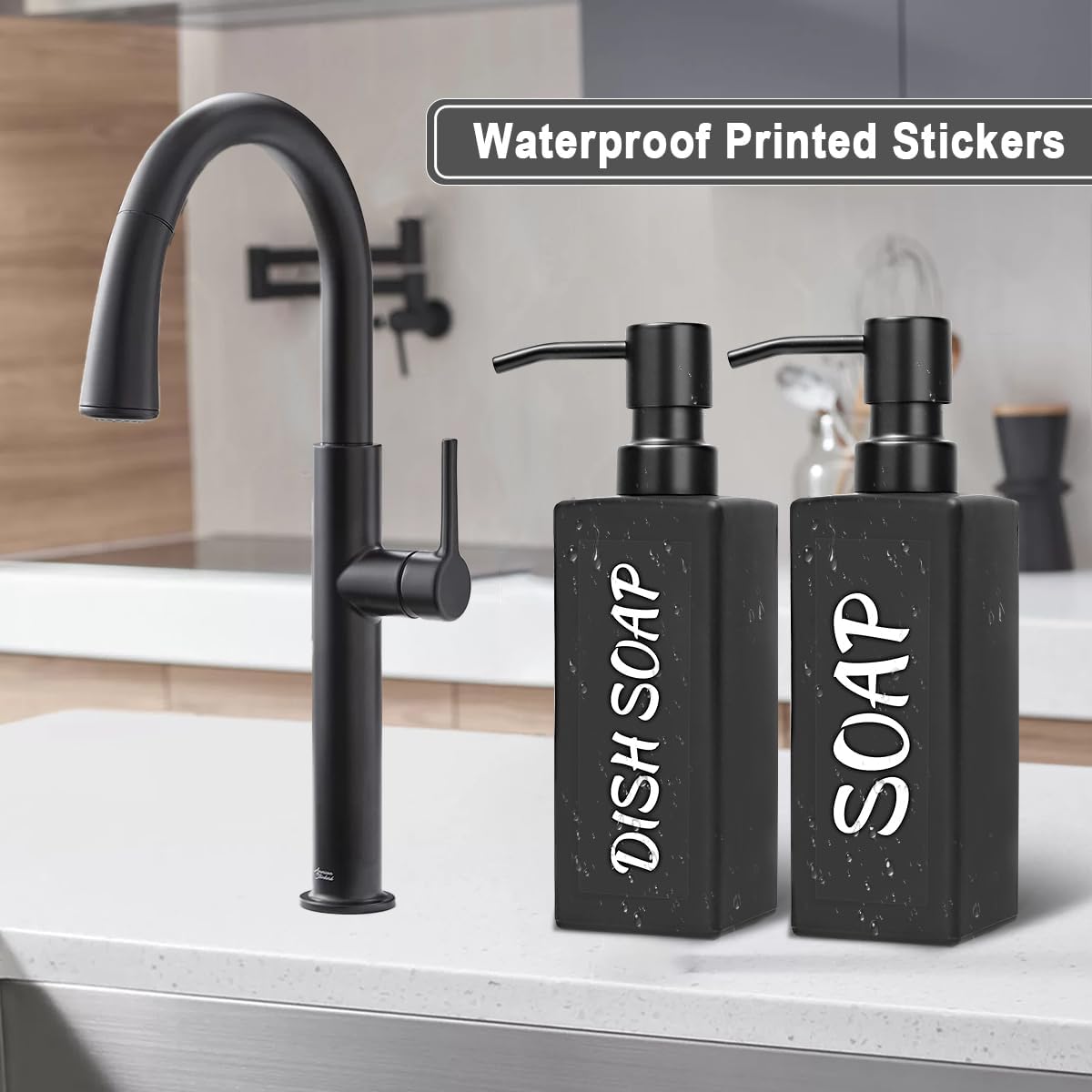 MIUSITE Black Soap Dispensers, Stylish 350ml Hand Soap Dispenser for Kitchen/Bathroom, Square Glass Soap Dispenser, Refillable Dish Soap Dispenser with Stainless Pump and Stickers - 2 Pack-3