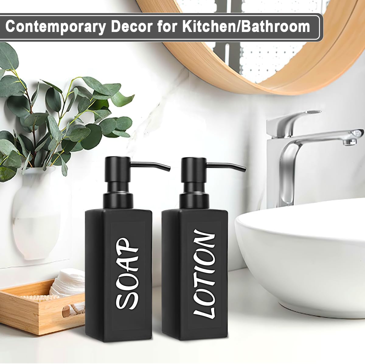 MIUSITE Black Soap Dispensers, Stylish 350ml Hand Soap Dispenser for Kitchen/Bathroom, Square Glass Soap Dispenser, Refillable Dish Soap Dispenser with Stainless Pump and Stickers - 2 Pack-4