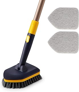 Yocada Tub Tile Scrubber Brush 2 in 1 Cleaning Brush 58.2" Adjustable Telescopic Pole Stiff Bristles Scouring Pads for Cleaning Bathroom Kitchen Toilet Wall Tub Tile Sink Non-Scratch Grey